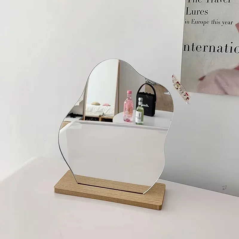 Stylish Minimalist Irregular Makeup Mirror with Acrylic Wooden Base - Perfect for Your Bedroom Vanity
