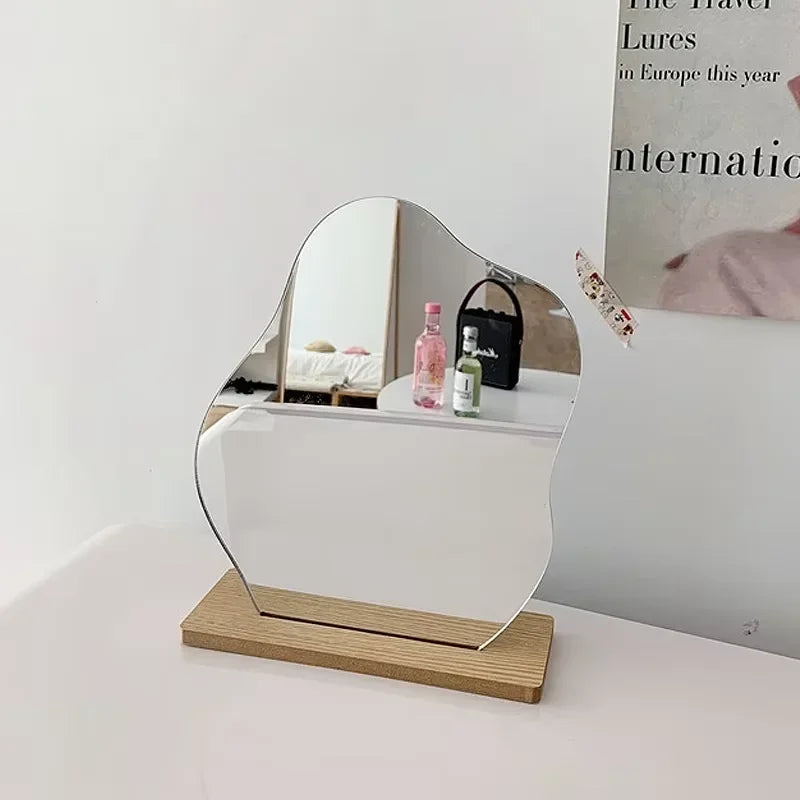 Stylish Minimalist Irregular Makeup Mirror with Acrylic Wooden Base - Perfect for Your Bedroom Vanity