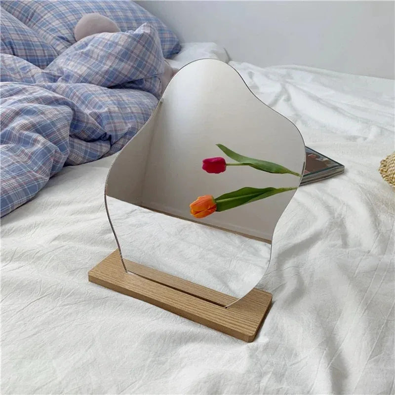 Stylish Minimalist Irregular Makeup Mirror with Acrylic Wooden Base - Perfect for Your Bedroom Vanity