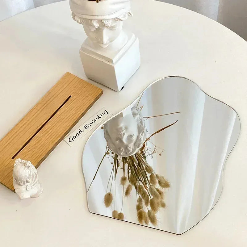 Stylish Minimalist Irregular Makeup Mirror with Acrylic Wooden Base - Perfect for Your Bedroom Vanity