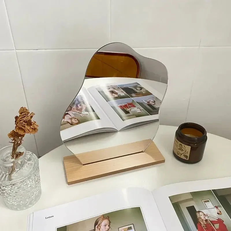Stylish Minimalist Irregular Makeup Mirror with Acrylic Wooden Base - Perfect for Your Bedroom Vanity