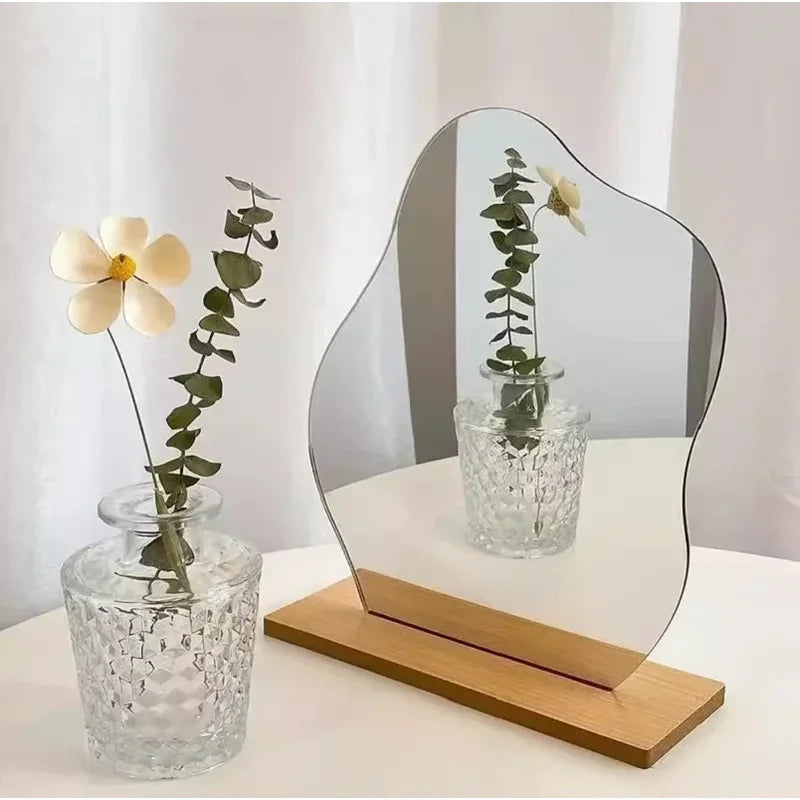 Stylish Minimalist Irregular Makeup Mirror with Acrylic Wooden Base - Perfect for Your Bedroom Vanity